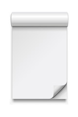 Open blank album or magazine with curled corner and soft shadow. Realistic empty template or mock up isolated on white background. Vector illustration, eps 10.