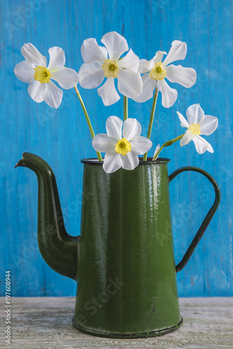 White Daffodils In Vintage Green Coffee Pot White Daffodils In Vintage Green Coffee Pot