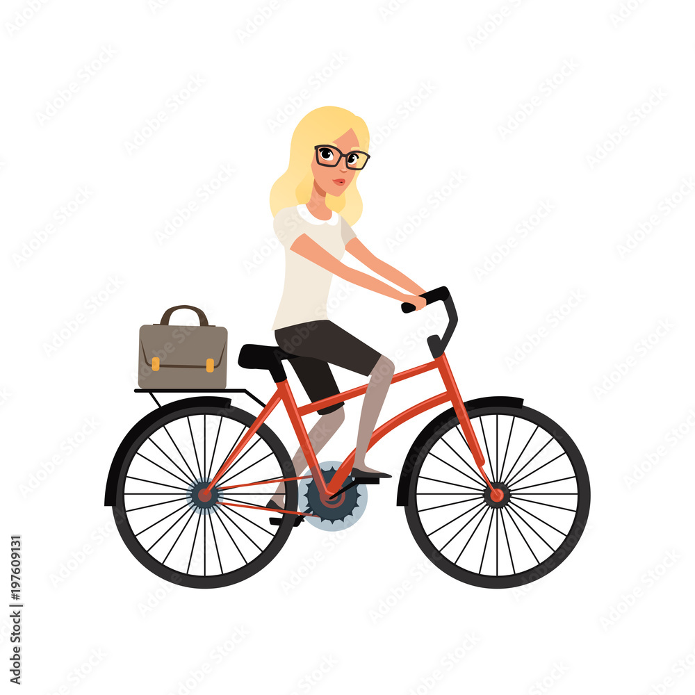 Canvas Prints Young blond girl riding bicycle to work in briefcase. Cartoon character of business woman in glasses. Personal transport for urban mobility. Flat vector design