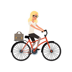 Fototapeta na wymiar Young blond girl riding bicycle to work in briefcase. Cartoon character of business woman in glasses. Personal transport for urban mobility. Flat vector design