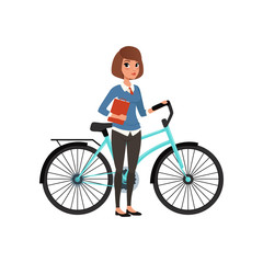 Young business woman standing with bicycle and folder in hand. Eco-friendly transportation. Cartoon brunette girl. Flat vector design