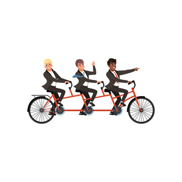 Three cheerful men in black classic suits riding tandem bicycle. Business partners, team work. Cartoon people characters. Young office workers. Flat vector design