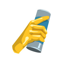 Colorful icon of human hand in protective glove holding bottle with cleaning powder for kitchen or bathroom. Household theme. Flat vector design