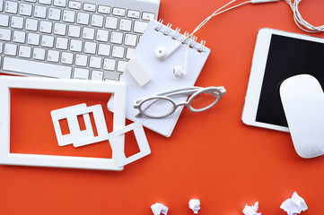 Top view of office desk table with keyboard, notebook, pencil and mouse for background