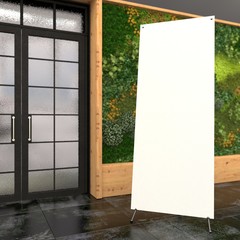 Blank advertising stand in the interior. X-banner "spider". 3D visualization.