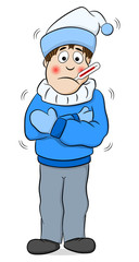 kranker, frierender Cartoon Mann mit Fieber