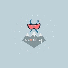 skiing emblem. ski goggles, mountains, skis and sticks. inscription: we love skiing. Extreme winter sport. logotype. template. 