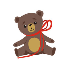 Brown teddy bear with shiny eyes and red ribbon on neck. Cute plush toy. Present for Birthday. Decorative element for postcard or invitation. Flat vector design