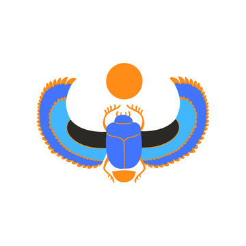 Scarab beetle with blue wings and orange sun. Symbol of ancient Egyptian culture and mythology. Vector icon of sacred insect in flat style