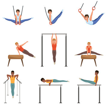 Young guys training on various gymnastics apparatus. Rings, pommel horse, horizontal and parallel bars. Olympic sport. Professional athletes. Flat vector set