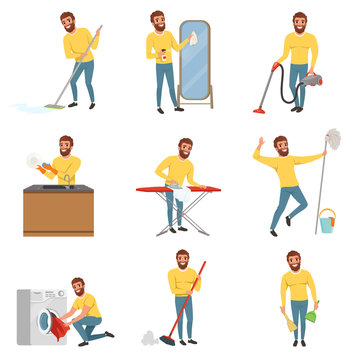 Bearded man with different household chores. Cleaning floor with mop and vacuum cleaner, washing dishes, ironing clothes. Happy house husband. Flat vector set