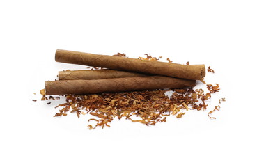 Cigarillos and tobacco pile isolated over white background