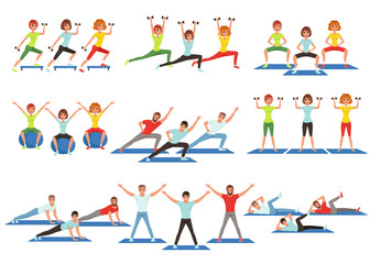 Set of people working out in gym. Young girls and guys doing exercises. Physical activity. Healthy lifestyle. Men and women in sportswear. Flat vector design
