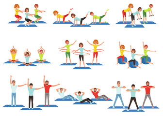 Fototapeta na wymiar Set of sports people in gym. Group fitness training. Active and healthy lifestyle. Men and women doing exercises. Young girls and guys in sportswear. Flat vector design