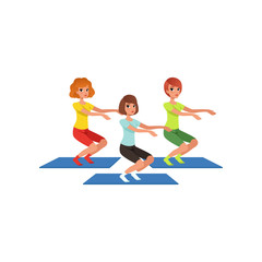 Young girls doing squats. Healthy lifestyle. Three beautiful women in gym. Cartoon people characters in sports uniform. Physical activity. Flat vector design