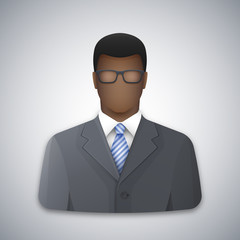 Vector icon of a black business man with glasses. Successful young afro businessman dressed in a gray business suit and blue striped tie