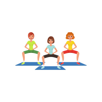 Young girls in sportswear doing squat exercise. Butt and leg workout. Pretty women in fitness center. Cartoon people in gym. Healthy lifestyle. Flat vector design