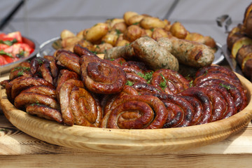 Appetizing boiled sausage on the counter. Food