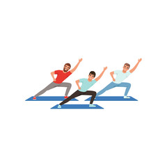 Fototapeta na wymiar Smiling men training in gym. Three young guys doing physical exercise. Male fitness group. Cartoon people in sportswear. Active and healthy lifestyle. Flat vector