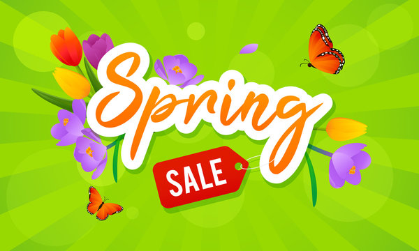 Spring Sale Vector illustration. Typography and price tag with colorful flowers on green background.