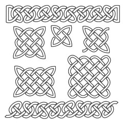 Set of celtic knot patterns and celtic elements. Vector illustration, white, infinite, knitted.
