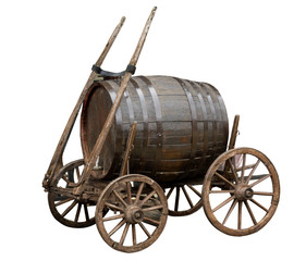 an old gift carriage with a large wine barrel