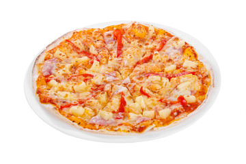 Pizza whole round, cut into pieces, on a white isolated background. Fast food in a pizzeria, a floury cheese product. Side view