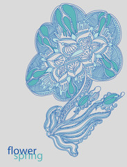 Hand drawn ethnic folk blue flower. Graphic design for card, greeting, poster, wedding decoration, interior decor, embroidery.