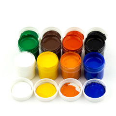 isolated jars with paints on white background