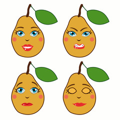 cartoon pears with emotions. set of four illustrations