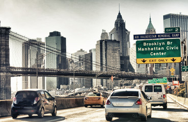Cars speeding up in FDR Drive in New York. View from car interior