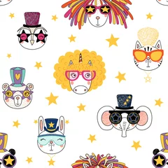 Sierkussen Hand drawn seamless vector pattern with cute animal faces in funky hats, glasses, on a white background with stars. Design concept for children, textile print, wallpaper, wrapping paper. © Maria Skrigan