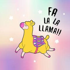 Cute fluffy llama alpaca card. Holographic back gift card. Vector illustration.