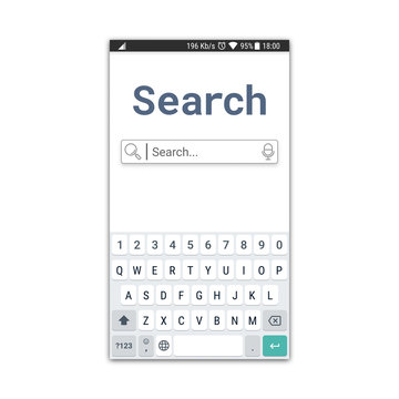 Search Application Template Or Web Browser Window With A Virtual Keyboard For Mobile Devices. Web Page Design With Search Field And Voice Typing Icon. Vector Illustration