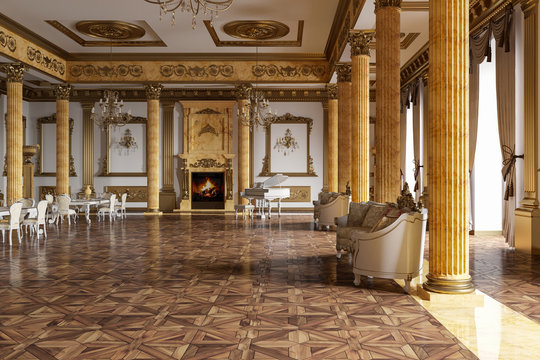 The ballroom and restaurant in classic style. 3D render.