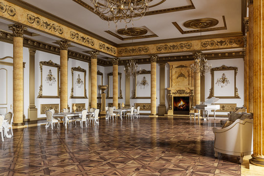 The ballroom and restaurant in classic style. 3D render.