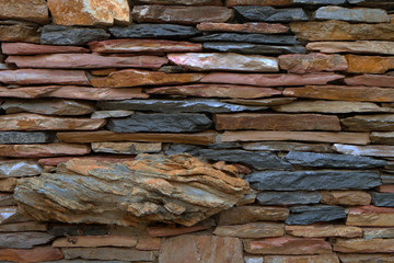 Wall made by rectangular stone bricks of black, red and orange colors. One of them is big rock at the bottom left corner