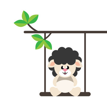 cartoon cute sheep black on a swing and on a branch