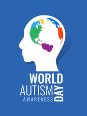 World Autism Awareness Day with Colorful brain world map sign in head human baner vector design