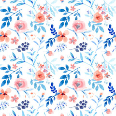 Nice pink floral seamless pattern with blue leaves
