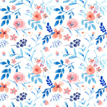 Nice Pink Floral Seamless Pattern With Blue Leaves