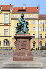 Historical quarter of Wroclaw, Poland - Old Town and Market Square, polish writer Aleksander Fredro...