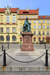 Historical quarter of Wroclaw, Poland - Old Town and Market Square, polish writer Aleksander Fredro...