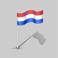 Netherlands flag with flagpole and shadow isolated on gray background. National symbol. Vector illustration.