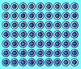 Stopwatch icons set in flat style, timers on blue background. From 0 to 60. Sport clock. Vector design element for you business project
