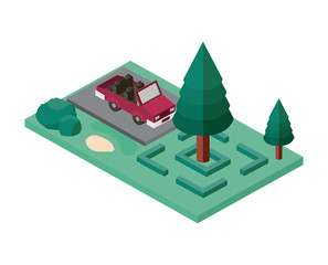 car parking and trees scene isometric icon