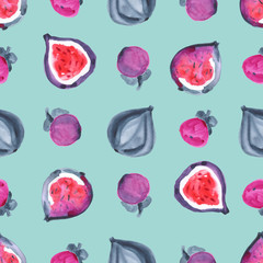 Figs. Watercolor hand painted illustration with exotic fruits. Seamless background