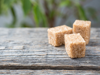 Brown cane sugar on wooden background. Green tree with leaves