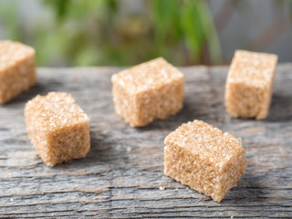 Brown cane sugar on wooden background. Green tree with leaves
