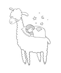 A sleeping girl and a cartoon lama. Good night.